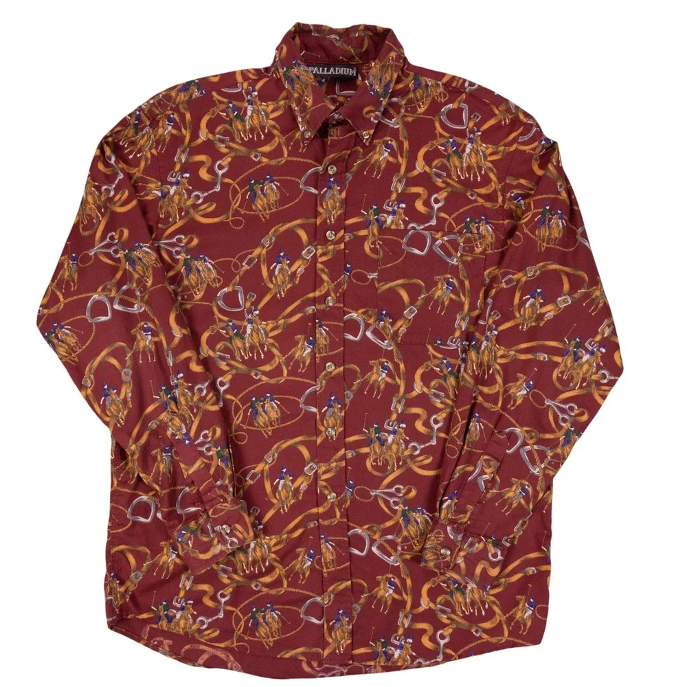 VTG Palladium Button Down Shirt Polo Print Mens L Burgundy Cotton USA